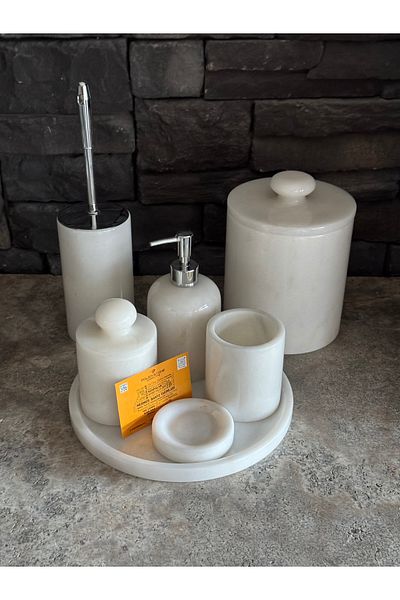 Polen Stone Special Design – White Marble 7 Piece Bathroom Set (Covered & Handled)