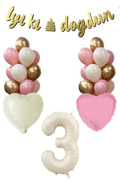 Atölye Mi 3 Year Old Girl Birthday Concept Retro Cream Number Happy Birthday Banner Balloon Chain Set