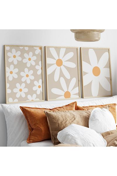 NT Handmade Σετ ζωγραφικής με μοτίβο μαργαρίτας 3 τεμαχίων με φυσικό ξύλινο πλαίσιο UV – Μοντέρνα και κομψή διακόσμηση τοίχου