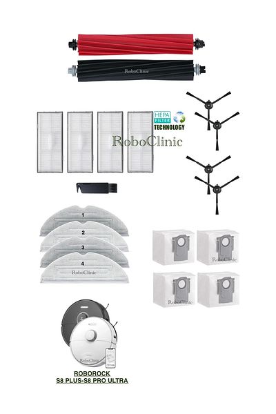 Roboclinic Roborock S8 Plus, S8 Pro Ultra Compatible Replacement Dust Bag, Brush, Hepa Filter, Mop Set-19 Pieces
