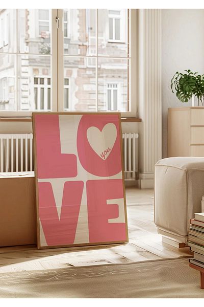 NT Handmade Natural Wooden Framed Uv Printing Pink Love Written Painting Set – Modern & Stylish Wall Decor