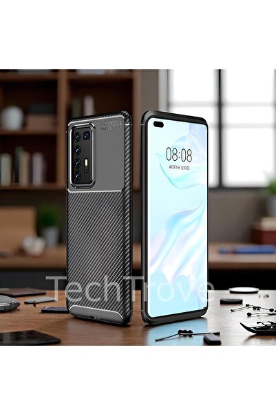 TechTrove Huawei P40 Pro Kılıf Kamera Korumalı Darbe Emici Karbon Fiber Desen...