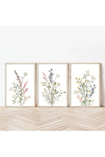 NT Handmade Natural Wooden Framed Uv Printing 3-Piece Flower Pattern Painting Set – Modern & Stylish Wall Decor