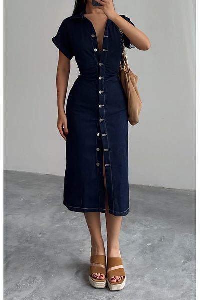 Noa Noa Rochie lungă din denim din Lycra cu detaliu de nasturi