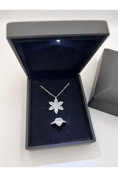 Sepetten Eve Silver Lotus Flower Necklace and Heart Ring in Illuminated Box Vip Group