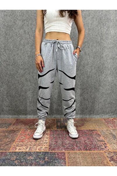 FıttingRoom Gray Patterned Trousers with Elastic Waist and Legs