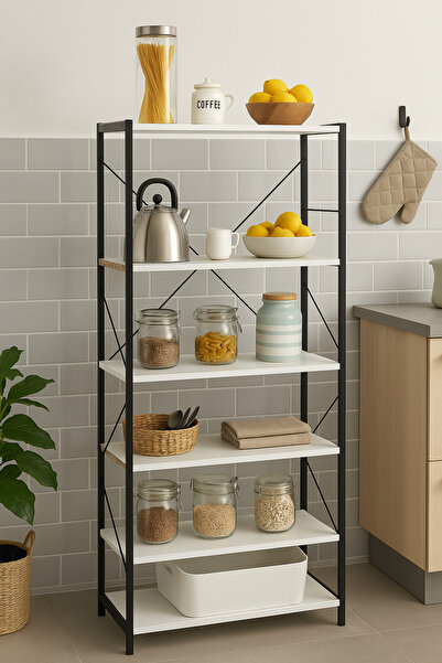 WANDOO 6 Raflı Metal Gövdeli Çok Amaçlı Mutfak Rafı - Beyaz Ahşap, Düzenleyic...