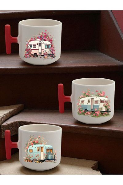 lili hediyelik Rose and Caravan Printed 3-Piece Ceramic Coffee Mug Mug Cup - Home Kitchen Office Workplace Utensil