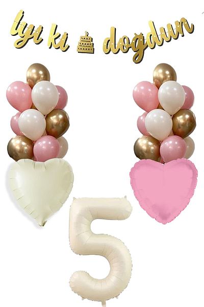 Atölye Mi 5 Year Old Girl Birthday Concept Retro Cream Number Happy Birthday Banner Balloon Chain Set