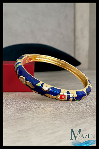 MAZEN Navy Blue Enameled Handcuff Bracelet |   Flower Motif |   Spring Bracel...
