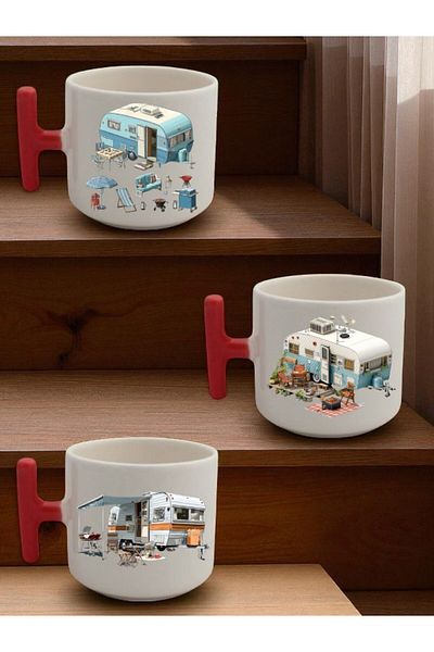 lili hediyelik Camping and Caravan Printed Set of 3 Ceramic Coffee Mug Mug Cup - Home Kitchen Office Workplace Utensil