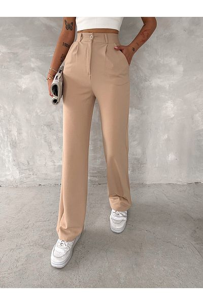 02Lady Fashion High Waist Button Closure Lycra Pleated Palazzo Knitted Trousers