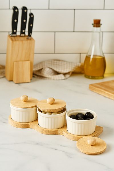 Rapt 3-Piece Porcelain Spice Rack Breakfast Set with Wooden Stand and Wooden Lid