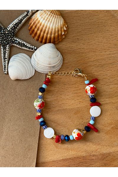 Naskosta Ceramic Flower Bracelet-Flower Ceramic,, Coral, Crystal Sand Bead Lacquer Coating