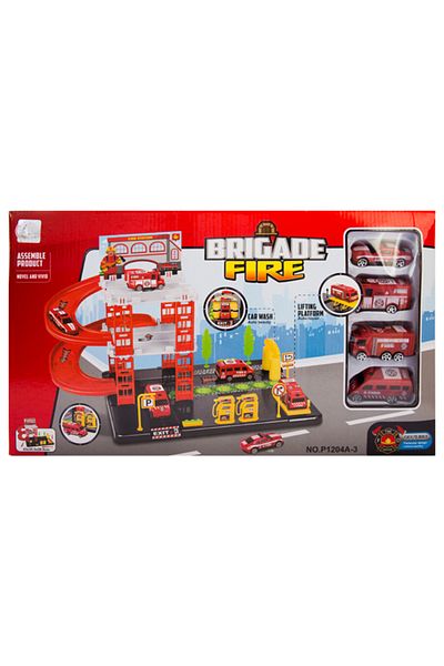 LikeSmart ISP "Likesmart Brigade Fire" Children's Parking Lot, 4 Cars, Warning Signs, Lifting Ramp, Red