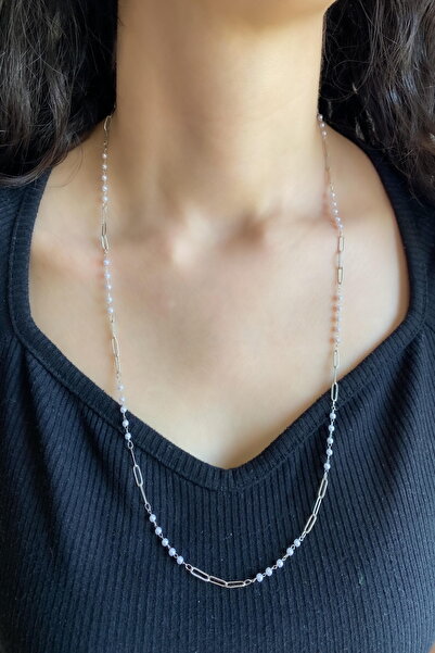 DEMOKAN Kadın Çelik Kolye İncili Elips Zincir Kolye