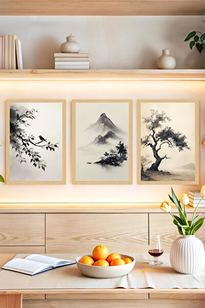 kutuTR 🌿 Dağ, Kuş ve Ağaç Motifli Çerçeve Görünümlü Tablo Seti 🌟 CRVS1104