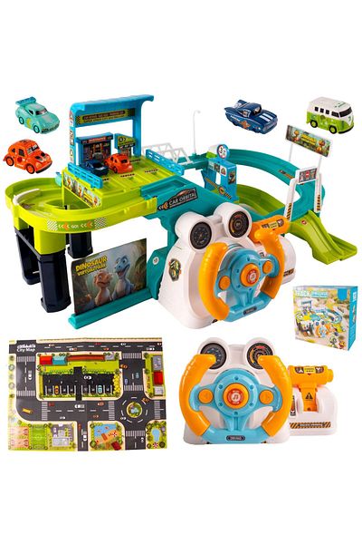 LikeSmart ISP "Likesmart Track Dinosaur Breakout" Children's Parking Circuit, 4 Cars, Electric Lift,