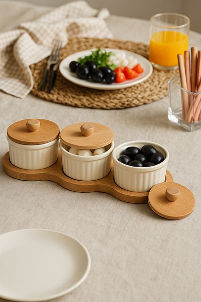 Rapt 3-Piece Porcelain Spice Rack Breakfast Set with Wooden Stand and Wooden Lid