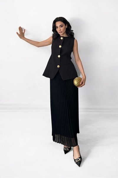 SUMEF Atlas & Chiffon Combination Suit with Gold Button Detail - Black
