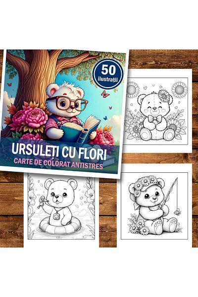 Legendary Gifts Mini coloring book for relaxation and anti-stress, 50 illustrations of Bears with Flowers, 106 pages