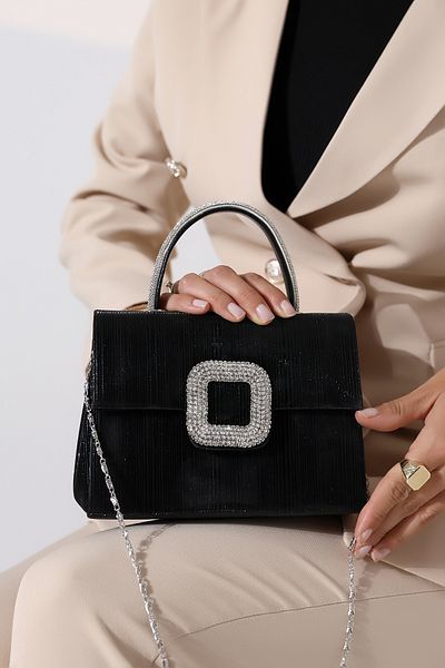 Encool Rochie de seară neagră de dimensiuni mici pentru femei - geantă de umăr cu un singur ochi, cu accesorii argintii și curea de mână și lanț