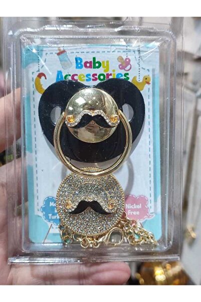 misotrend Ithal Lüks Erkek Bebek Bıyık Logo Kristal Taşlı Emzik Zincirli Askı Hediye Seti