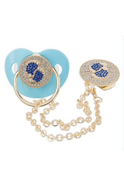 misotrend Ithal Lüks Erkek Bebek Ayak izi Logo Kristal Taşlı Emzik Zincirli A...