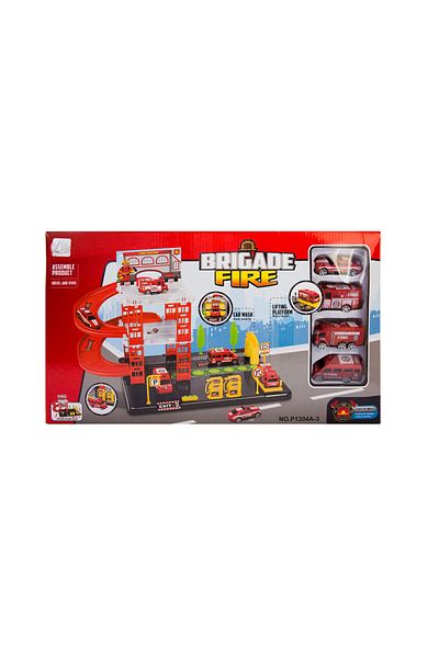 LikeSmart ISP "Likesmart Brigade Fire" Children's Parking Lot, 4 Cars, Warning Signs, Lifting Ramp, Red
