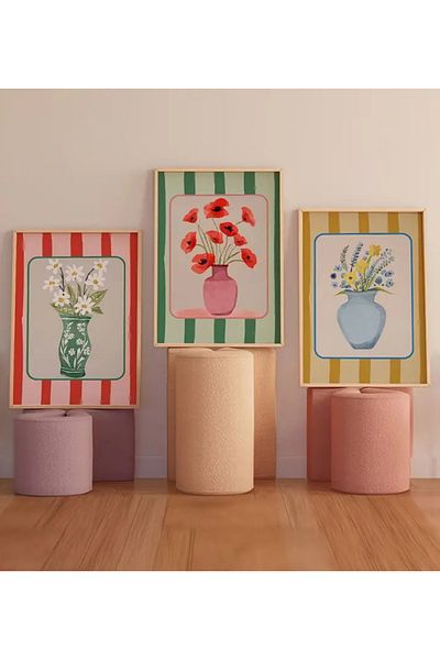 NT Handmade Natural Wood Framed Uv Printing 3-Piece Colorful Flower Pattern Painting Set in a Vase Modern & Stylish Wall Decor