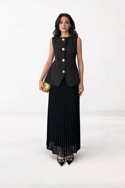 SUMEF Atlas & Chiffon Combination Suit with Gold Button Detail - Black