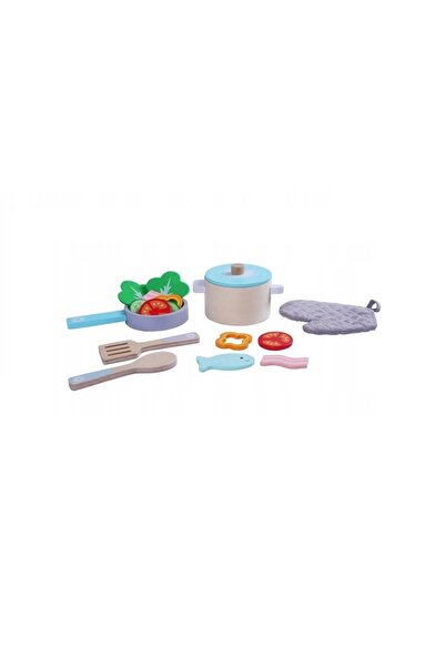 Ecotoys Set de Gatit din lemn "ISP ECOTOYS" fara margini ascutite, cu Oala, T...