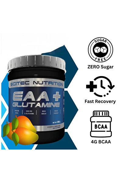 Scitec Nutrition EAA + جلوتامين، 4250 ملغ من الأحماض الأمينية الأساسية بما في ذلك BCAAs، 2000 ملغ من L-جلوتامين، بنكهة المانجو