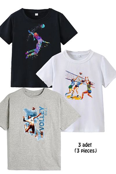 makiteks 3-Piece Cotton Combed Cotton Girls Printed Tshirt T-Shirt 5 6 7 8 9 10 11 12 13 14 Years Old Volleyball