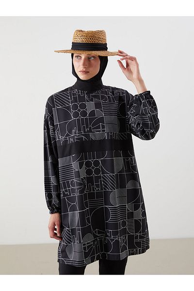 LC Waikiki Black Stand Collar Patterned 4 Piece Women's Hijab Swimsuit Set