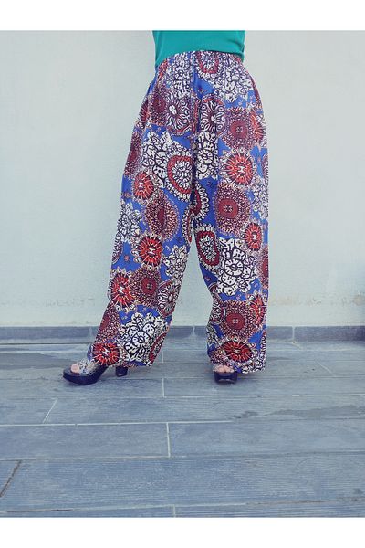 hoaryage Ethnic Patterned 100% Cotton Viscose Pressed Trousers with Elastic Waist38-48Size