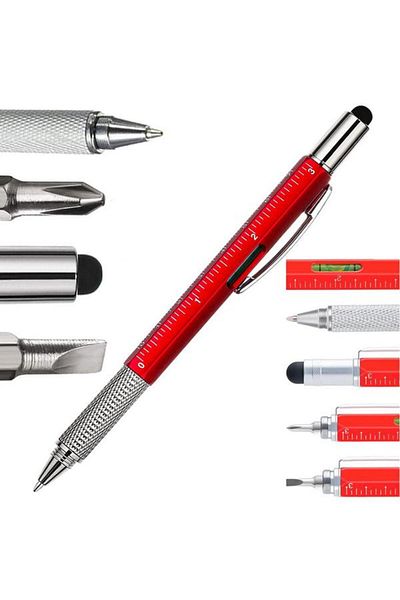TechGS Multifunctional Construction Pen, 6 in 1, Level, Red