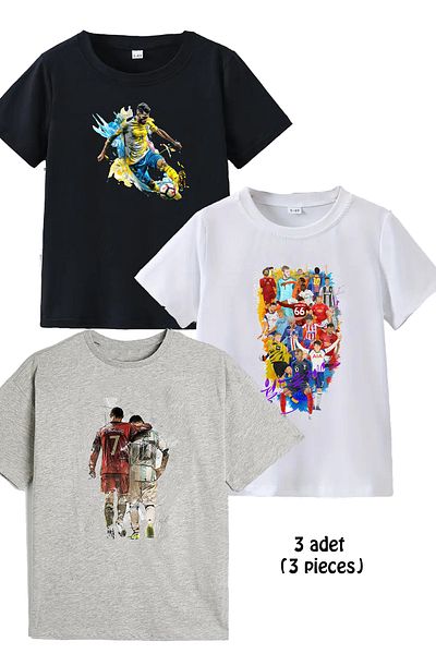 makiteks 3-Piece Cotton Combed Boys Printed Tshirt T-Shirt 5 6 7 8 9 10 11 12 13 14 Years Old Football