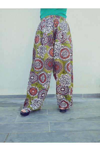 hoaryage Ethnic Patterned 100% Cotton Viscose Pressed Trousers with Elastic Waist38-48Size