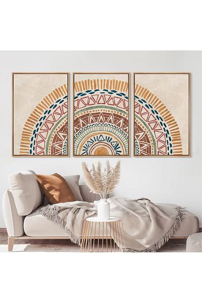 NT Handmade Natural Wooden Framed Uv Printing 3-Piece Colorful Geometric Pattern Painting Set – Modern & Stylish Wall Decor