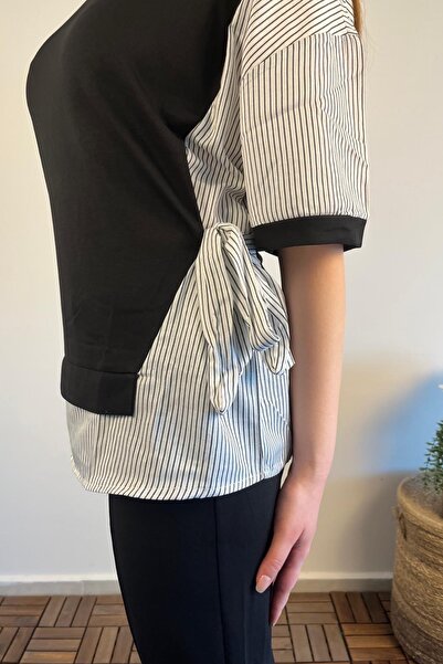 Ded COLLECTION Női nyakkendős ing részletes rövid ujjú felső és sárgarépa nadrág kétrészes modális szett