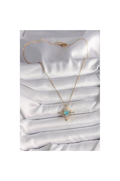 Skygo 316L Steel Gold Color Chain Blue Stone Detailed North Star Model Women's Necklace - Tj-Bko9806