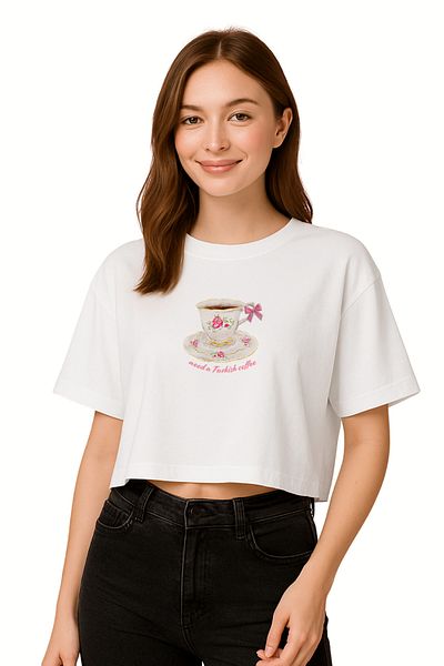 FANA Women's Oversize Semi Crop T-Shirt - Pink Cup Printed "Need a Turkish Coffee" Coquette Design