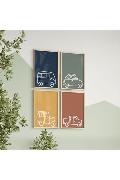 NT Handmade Natural Wooden Framed Uv Printing Set of 4 Car Pattern Paintings – Modern & Stylish Children's Room Wall Decoration