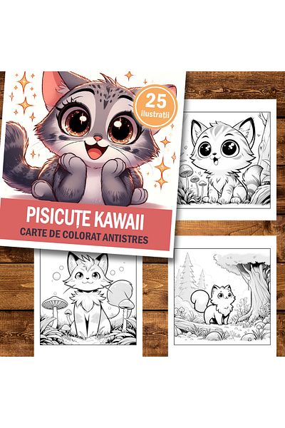 Legendary Gifts Mini coloring book for relaxation and anti-stress, 25 Kawaii Kitten illustrations, 56 pages