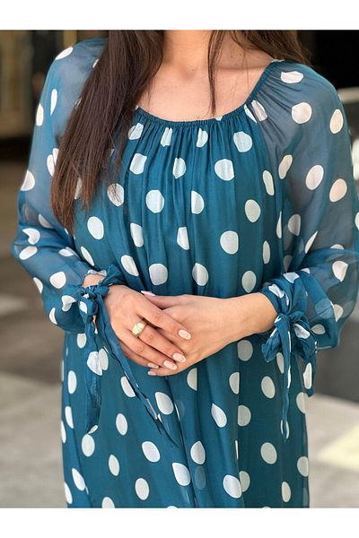 Ranasubaşı Silk Polka Dot Dress Blue