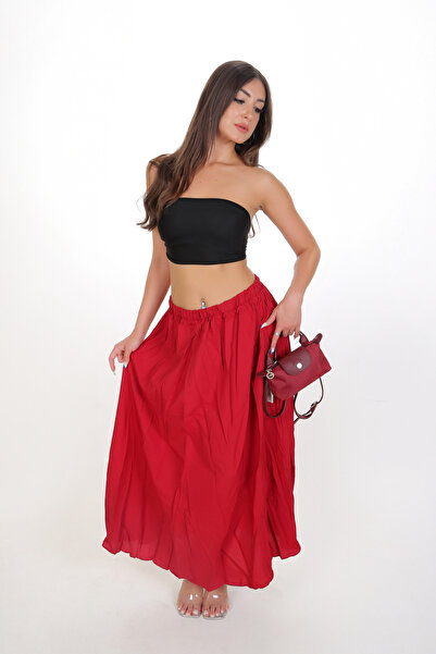 BRN Fusta lungă de vară, casual, încrețită, roșu visiniu – talie înaltă , Con...