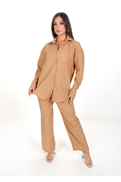 BRN Women's Camel Loose Polyester Shirt Pants Set - Summer Casual Two-Piece Set