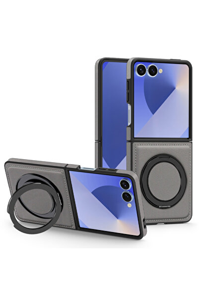 REDz Accessories Husă Soft Hold MagSafe cu inel rotativ pentru Samsung Z Flip7, rezistentă la șocuri, aspect piele, gri