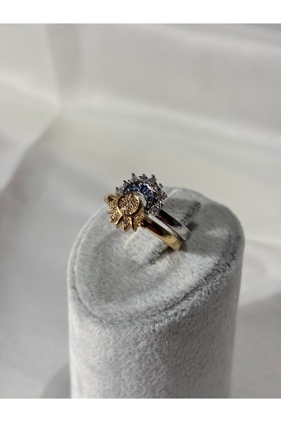 Uzak Işıklar مجموعة خواتم فولاذية من الشمس والقمر مكونة من قطعتين باللون الذهبي